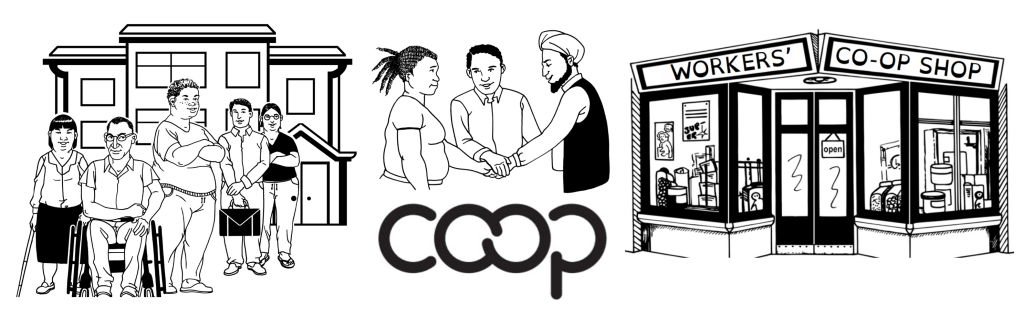 3 line drawings, left to right: a mixed group of people including disabled people standing in front of a large house; 3 people putting their hands together above the Co-op Marque; a shop front with a sign reading "Workers' Co-op Shop". Adapted from images in Change image bank.