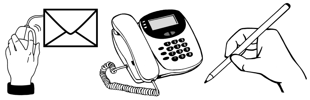 3 line drawings, left to right: a hand holding a mouse connected to a letter icon, representing email; a landline telephone; a hand holding a pencil. Adapted from Change image bank.