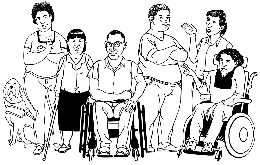 A line drawing of a group of 6 diverse disabled people, including a person with an assistance dog, a person with a white cane, a manual wheelchair user, a person with a hearing aid and another person using sign language, and a power wheelchair user. From Change image bank.