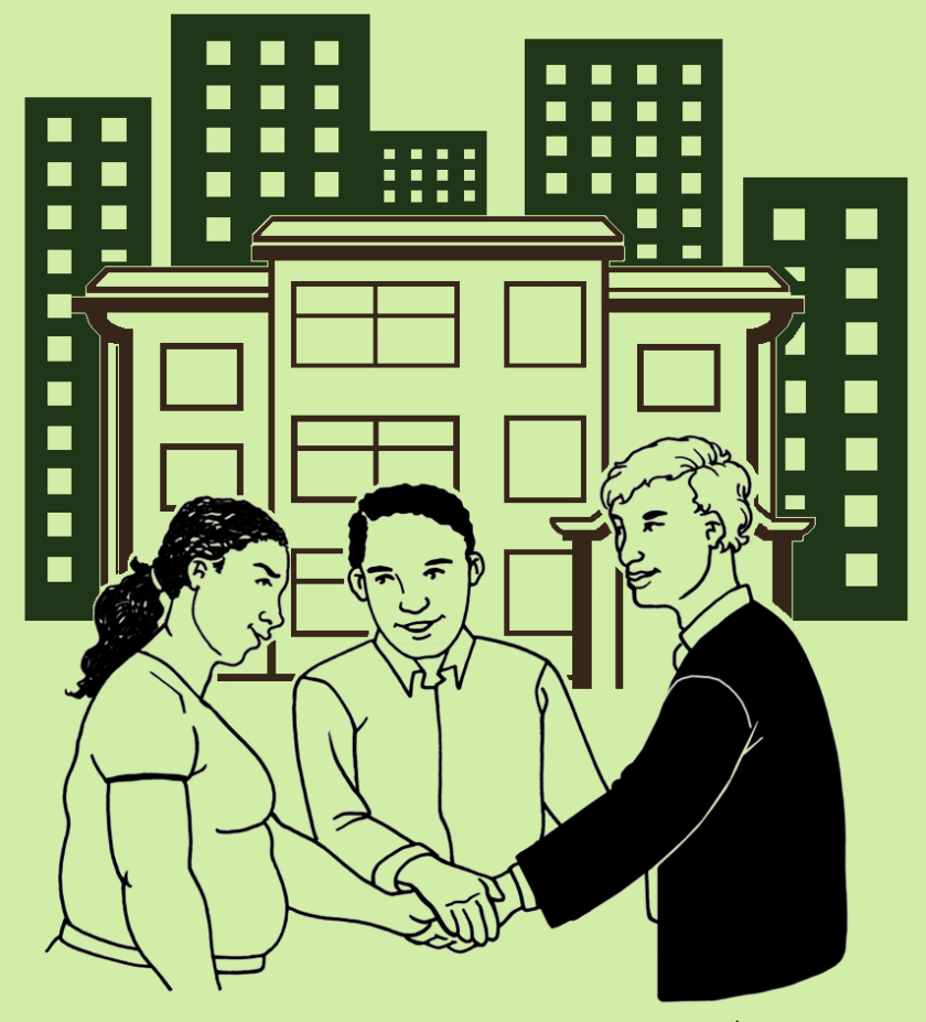 A line drawing of 3 people (in black) putting their hands together in front of a building that looks like a large house (in brown), with taller buildings in the background (in dark green) on a light green background. Image adapted from Change image bank.