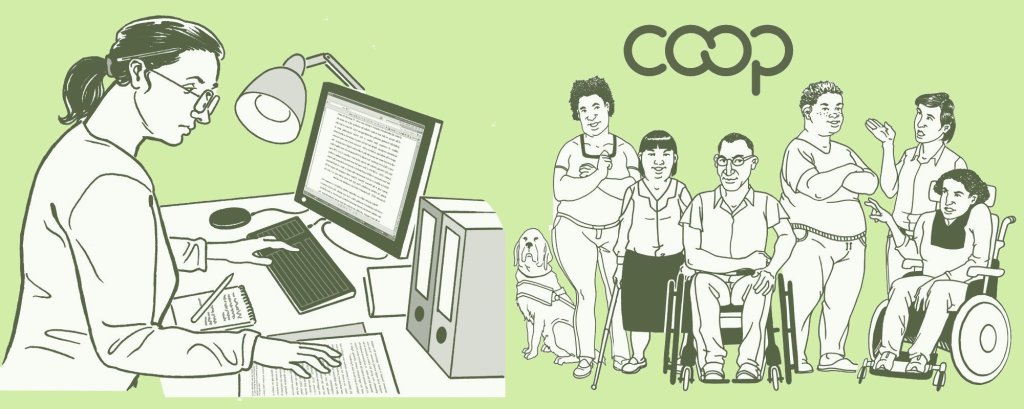 A drawing of a researcher sitting at a desk, with a computer, lamp, notebook, box files and printed papers. To their right is a drawing of a diverse group of 6 disabled people, with the Co-op Marque above them. Adapted from images in Change image bank.