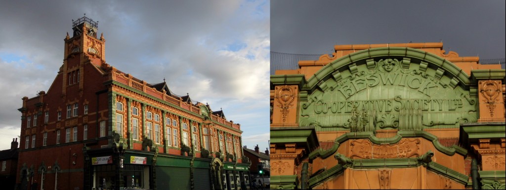 On the left a photo of a red and green brick building in Manchester dramatically lit against a mixed sunny and cloudy sky; on the right a close-up of the plaque on the building which reads "Beswick Co-operative Society Ltd, built A.D. 1912"