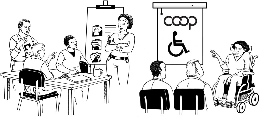 Black and white drawing representing a workshop and presentation. On the left a group of people sit and stand around a table with documents and a flip chat. On the right as wheelchair user presents to an audience with the Co-op Marque and international disability symbol on a projector screen. Image adapted from Change's Easy Read image bank.